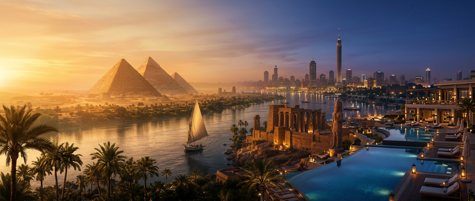 Panoramic Egypt: Pyramids, Nile, Luxor temple and Cairo skyline at twilight